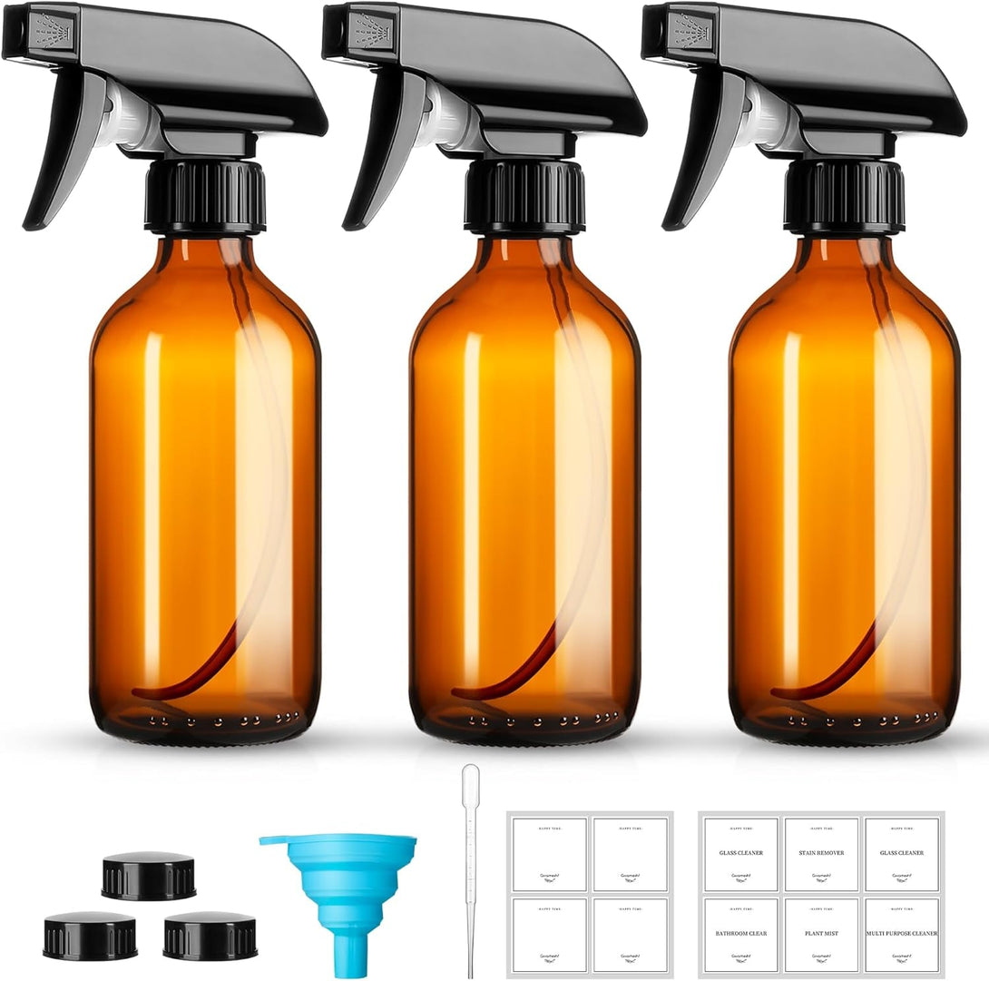 8Oz Amber Glass Spray Bottles,3 Pack Glass Spray Bottles Refillable Empty Bottle with Adjustable Nozzle,Spray Bottle for Essential Oils,Cleaning Solutions,Pets,Hair Mister,Gardening