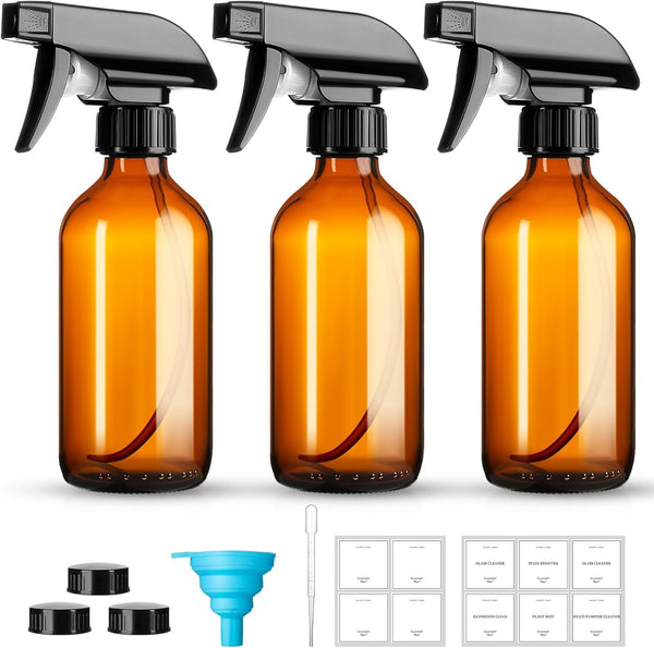 8Oz Amber Glass Spray Bottles,3 Pack Glass Spray Bottles Refillable Empty Bottle with Adjustable Nozzle,Spray Bottle for Essential Oils,Cleaning Solutions,Pets,Hair Mister,Gardening
