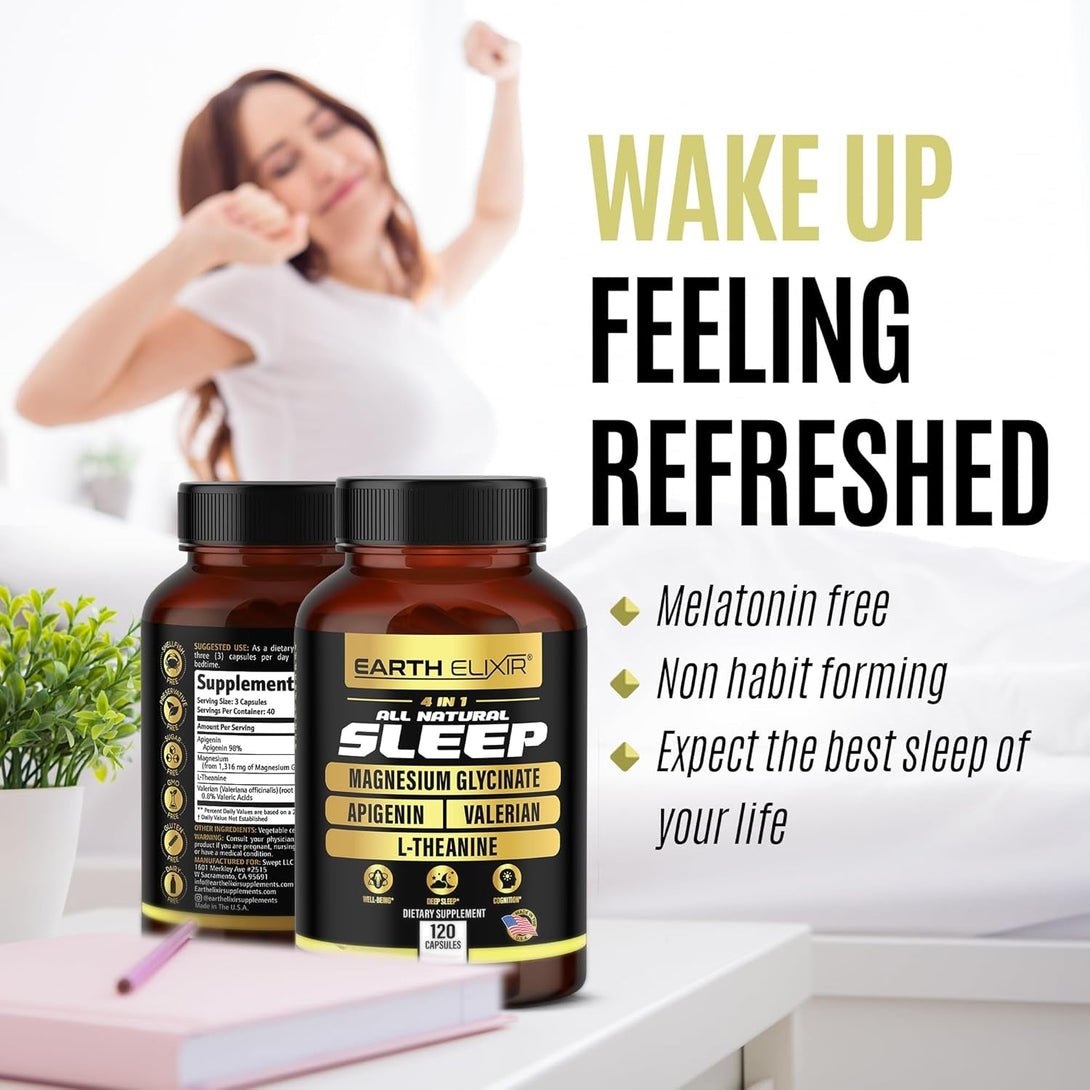 4-In-1 Sleep Aid (120 Caps) W/Apigenin 50Mg, Magnesium Glycinate 200Mg, L Theanine 200Mg & Valerian Root for Sleep Aid 300Mg | Apigenin Supplement for Sleep | Sleeping Pills