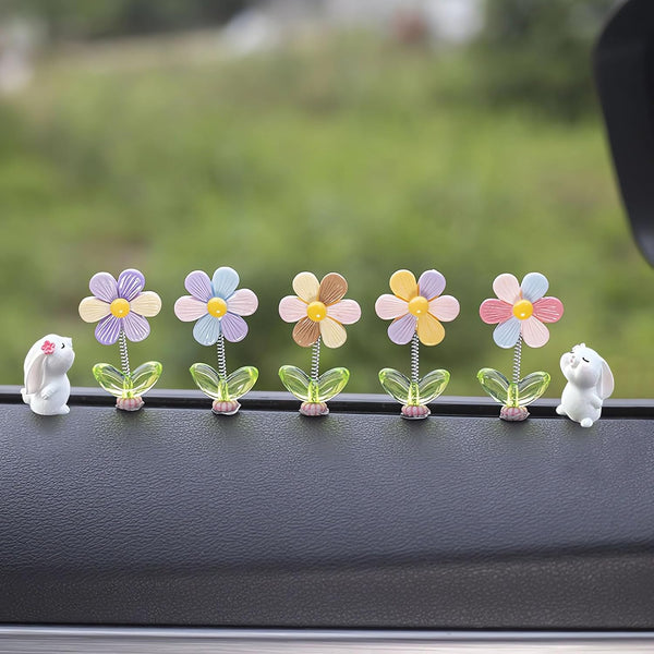 7Pcs Cute Car Rearview Mirror Accessories, Funny Bunny Car Ornament, Shaking Spring Sunflower Dashboard Decorations, Interior Decor Christmas Valentine'S Day Gifts for Men Women