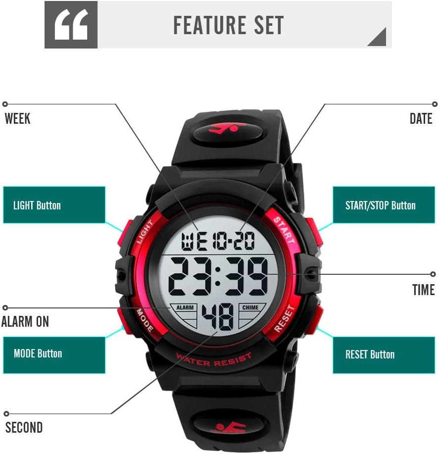 Dayllon Kids Digital Watch Boys Outdoor Sports 50M Waterproof Girls Watches Alarm Clock 12/24 H Stopwatch Calendar for Ages 3-15 Boy Girl Wristwatch Kids Gift