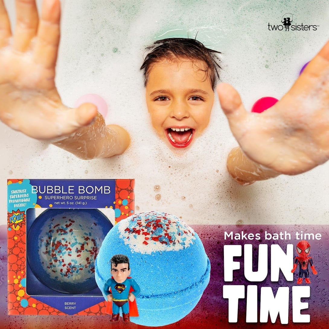 Superhero Bath Bombs for Kids & Boys with Surprise Hero Toys inside (1 Pack) - Large Bubble Bomb for Boys & Girls - Fruity Scent, Relaxing, Gift for Children, Made in USA by Two Sisters