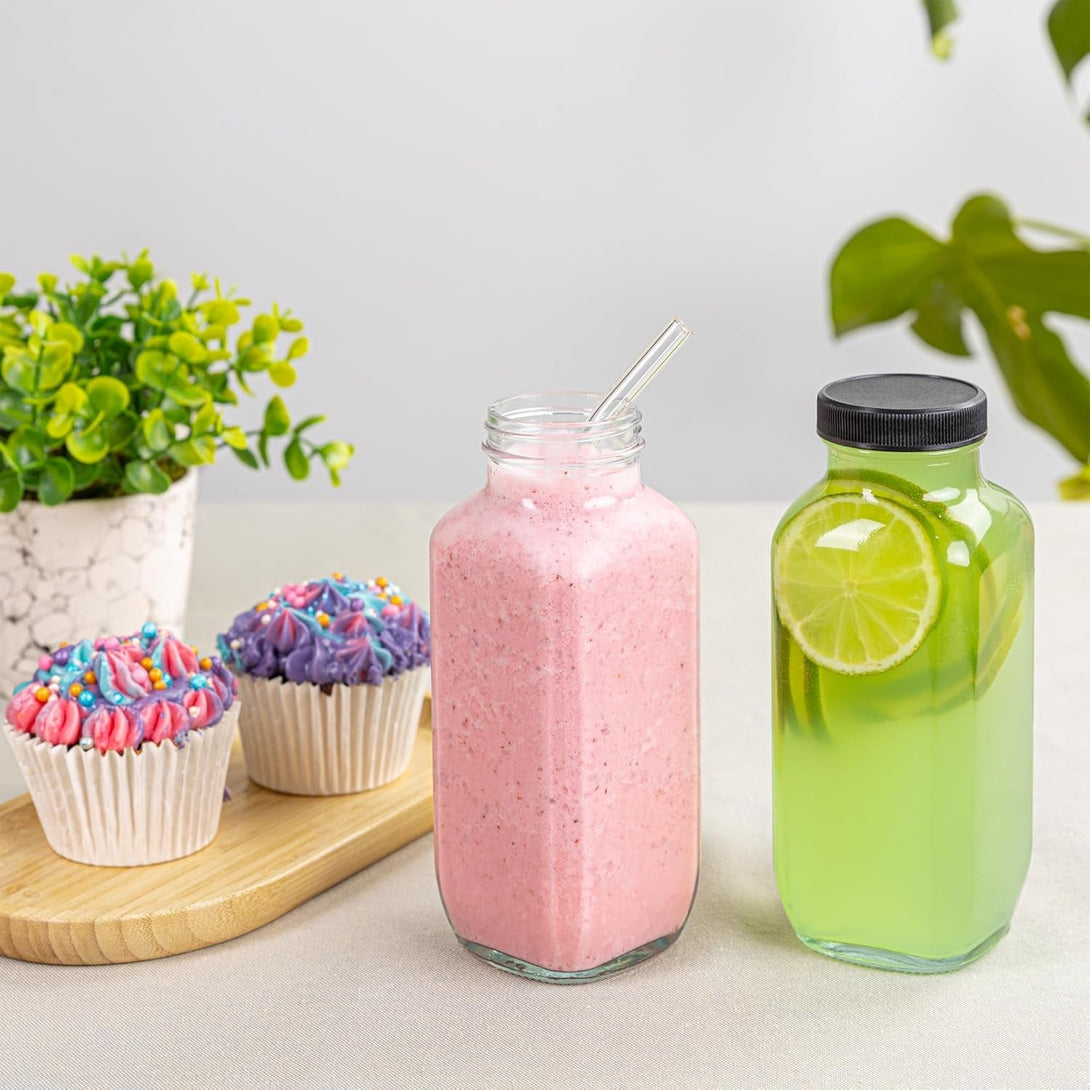 Juice Bottles with Lids, 16 Oz - Set of 3 - Clear Glass Jars with Caps - Reusable Empty Drink Containers for Juicing, Smoothies, Water, Milk, Kombucha Storage, Wellness Shots and More (3)