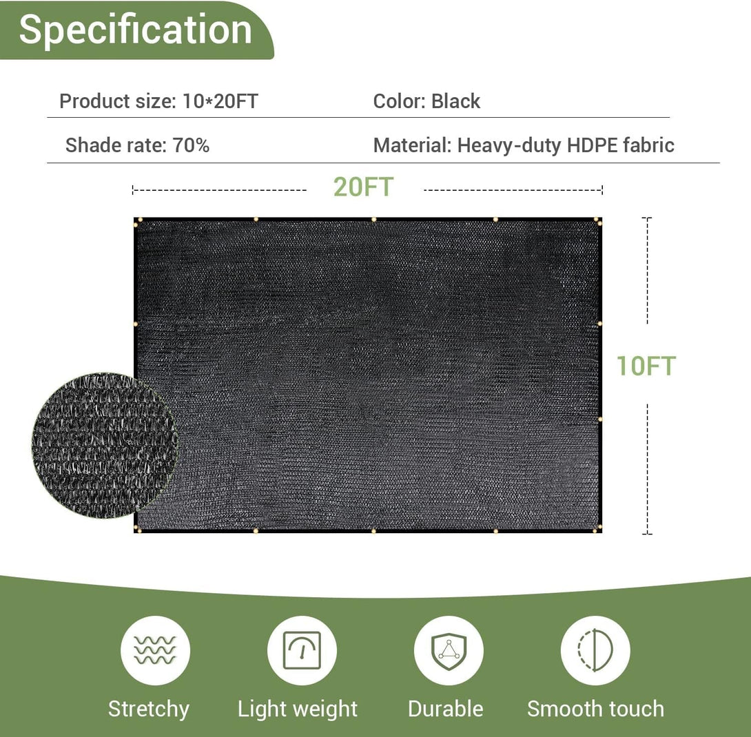 70% Garden Shade Cloth, 10X20Ft HDPE Mesh Tarp with Upgraded Grommets, Keten Uv-Resistant Outdoor Sun Shades for Greenhouse, Garden, Patio Plants, Pergola