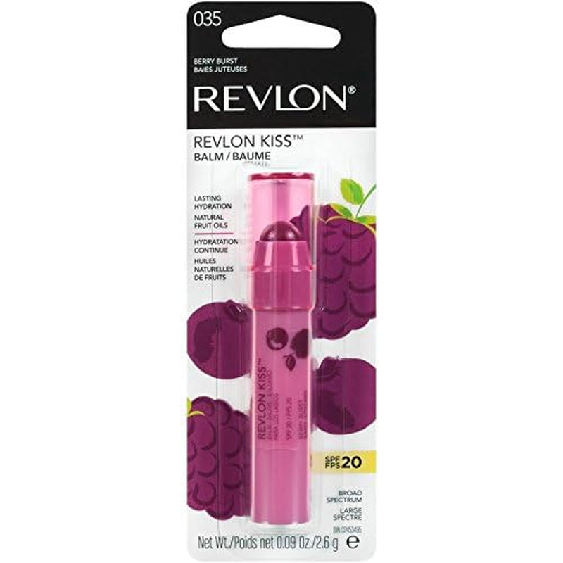 Revlon Kiss Tinted Lip Balm with SPF 20, Hydrating, Flavored, Infused with Natural Fruit Oils, 035 Berry Burst, 0.09 Oz