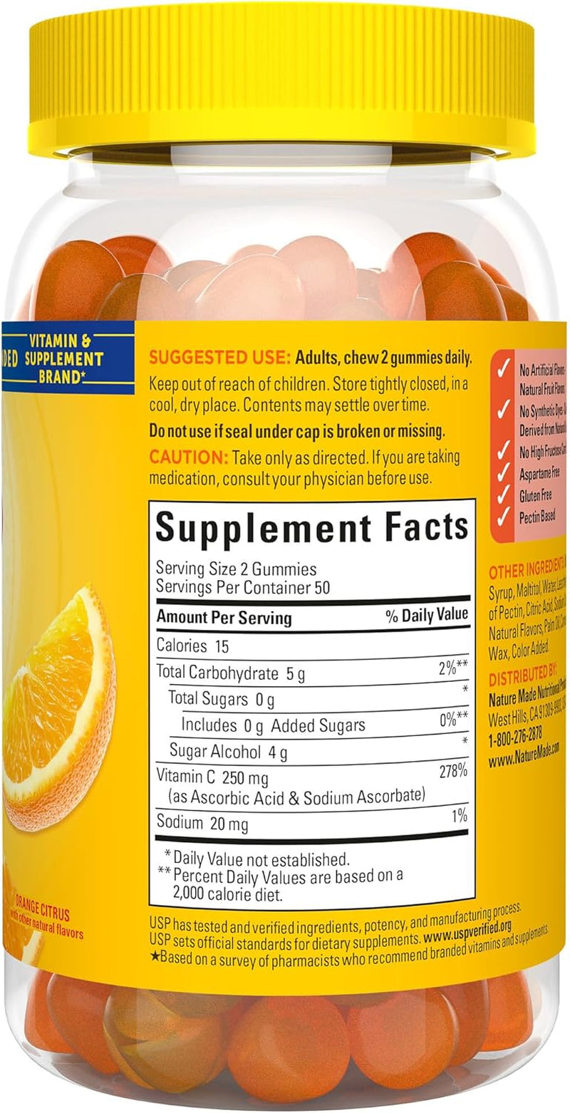 Nature Made Zero Sugar Vitamin C Gummies 250 Mg per Serving, Immune & Antioxidant Support, Aspartame Free, 100 Sugar Free Gummies, 50 Day Supply