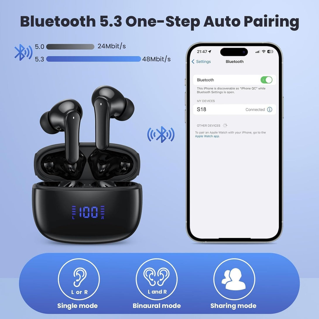 Wireless Earbuds,Bluetooth 5.3 Headphones in Ear with Hifi Stereo Deep Bass,Wireless Earphones 40H Playtime,Bluetooth Earbuds 4 ENC Noise Canceling Mic,Bluetooth Earphones LED Display IP7 Waterproof