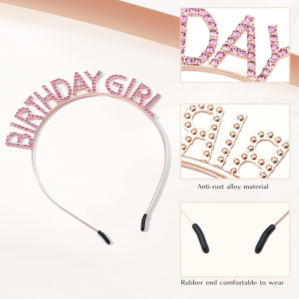 Glitter Birthday Sash, Tiara and Rhinestone Headband Set - Pink Birthday Accessories for Her