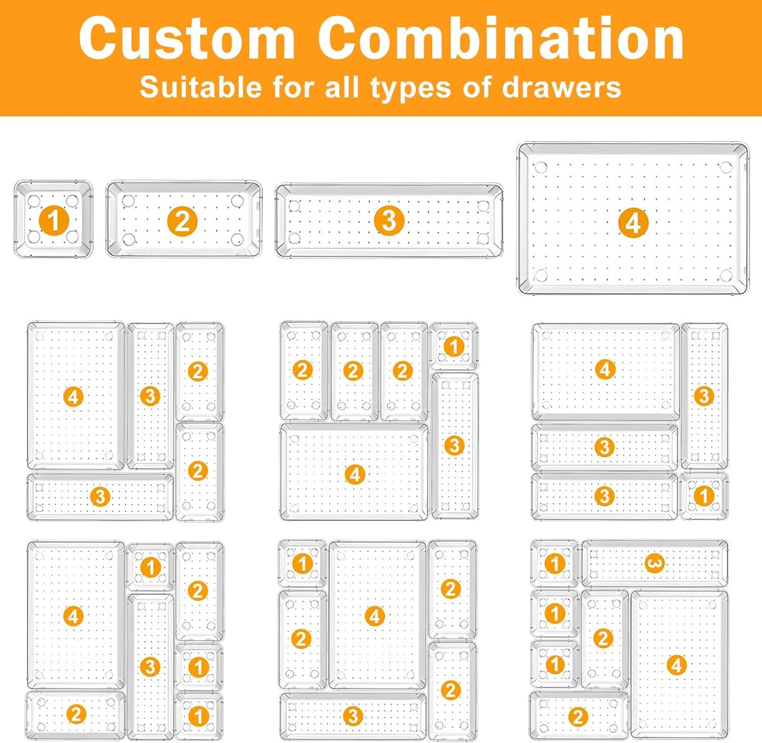 13-Piece Clear Plastic Drawer Organizers: 3 Sizes, Stackable, Anti-Slip, Multi-Function, 2-Year Warranty