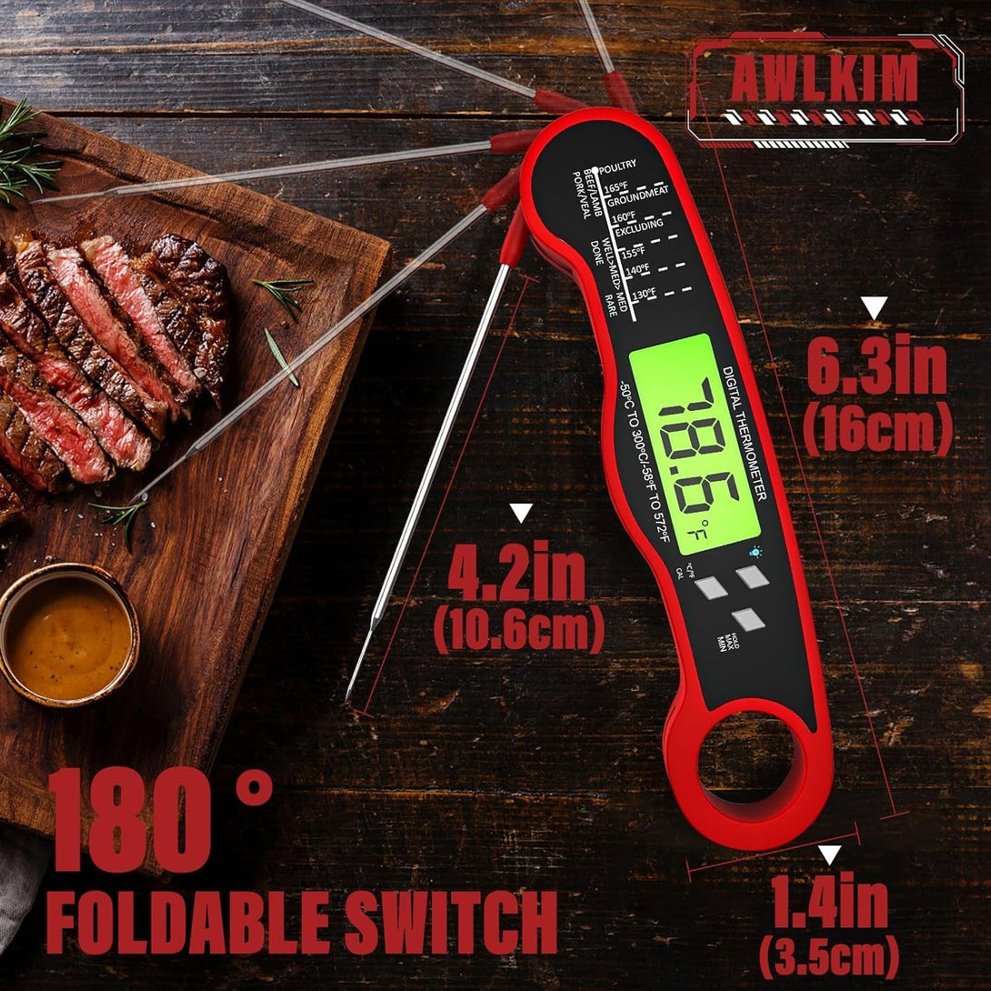 Instant Read Meat Thermometer for Grill and Cooking, Waterproof Fast Food Thermometer with Backlight, Digital Food Probe for Kitchen Cooking, Candy Making, outside Grill - Red