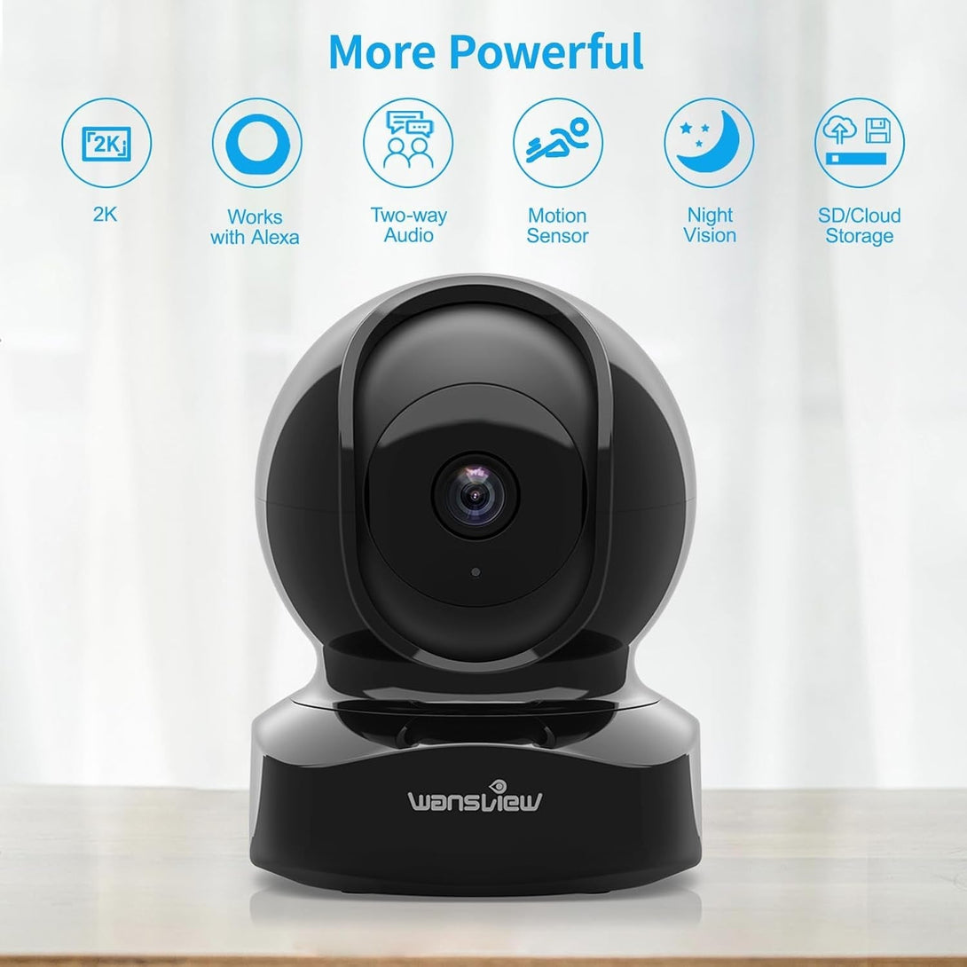 Wansview Security Camera Indoor, 360 Degree Wifi Home Security Cameras for Pet/Dog/Nanny, 2 Way Audio Night Vision, Works with Alexa, with TF Card Slot and Cloud, 2.4Ghz, Q5 (Black, 3MP)