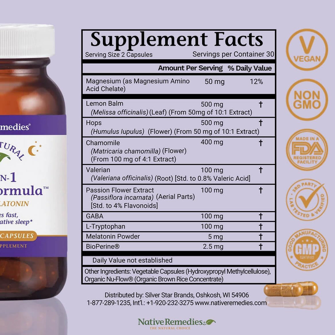 Native Remedies 10-In-1 Formula Natural Sleep Aid for Adults & Kids 4+ - Sleep Supplement with Melatonin 5Mg, Magnesium, Valerian Root, Chamomile – Sleeping Aid Support, Non-Gmo, Vegan - 60 Capsules