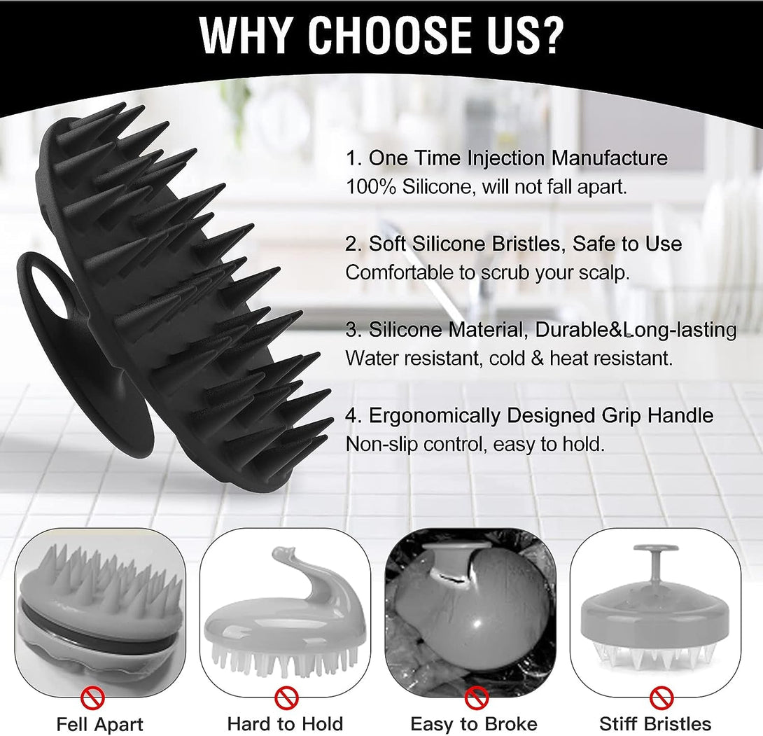 1 Pack Silicone Body Scrubber BEAUTAIL Bath Shower Brush and 1 Pack BEAUTAIL Silicone Scalp Massager Shampoo Brush, Black
