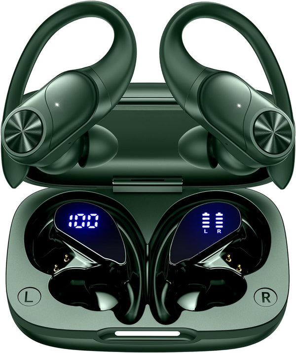 Pocbuds Bluetooth Headphones Wireless Earbuds 80Hrs Playtime Wireless Charging Case Digital Display Sports Ear Buds with Earhook Deep Bass IPX7 Waterproof Over-Ear Earphones for TV Phone Laptop Olive
