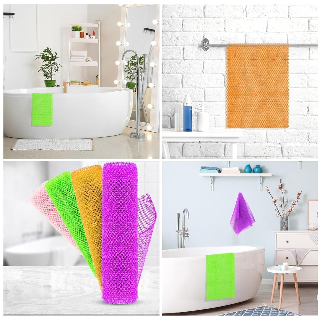 4 African Net Sponge Mesh Long Mesh Bath Sponges - Exfoliates and Refreshes Skin for a Silky Smooth Shower Experience (Purple, Pink, Green, Orange)