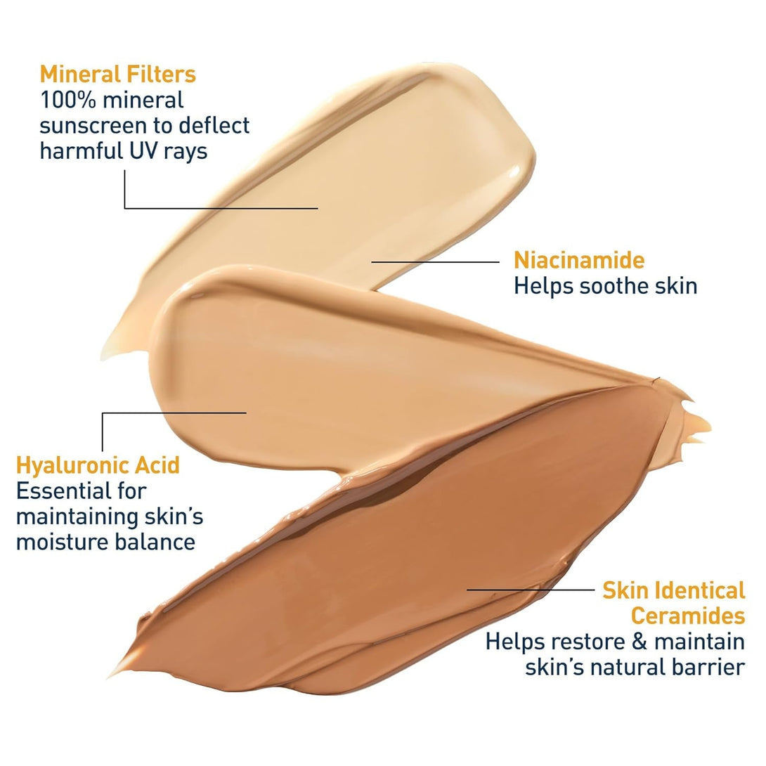Cerave Hydrating Mineral Sunscreen SPF 30 with Sheer Tint, Tinted Mineral Sunscreen with Zinc Oxide & Titanium Dioxide, Blends Seamlessly for Healthy Glow, Light, 1.7 Oz