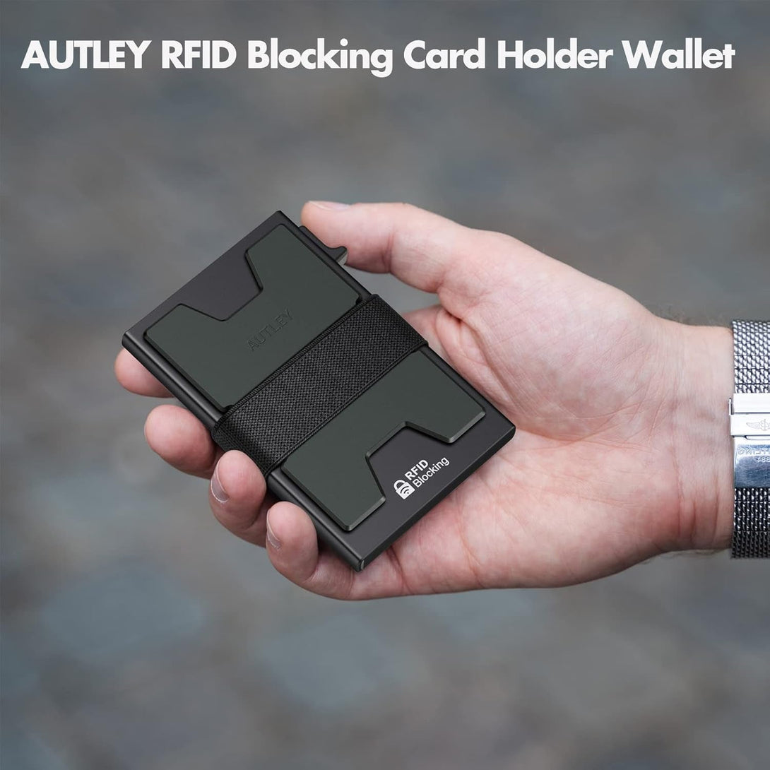 AUTLEY Slim Card Holder, Minimalist Pop up Wallet for Men, RFID Blocking Mens Wallet with Cash Band (Black)