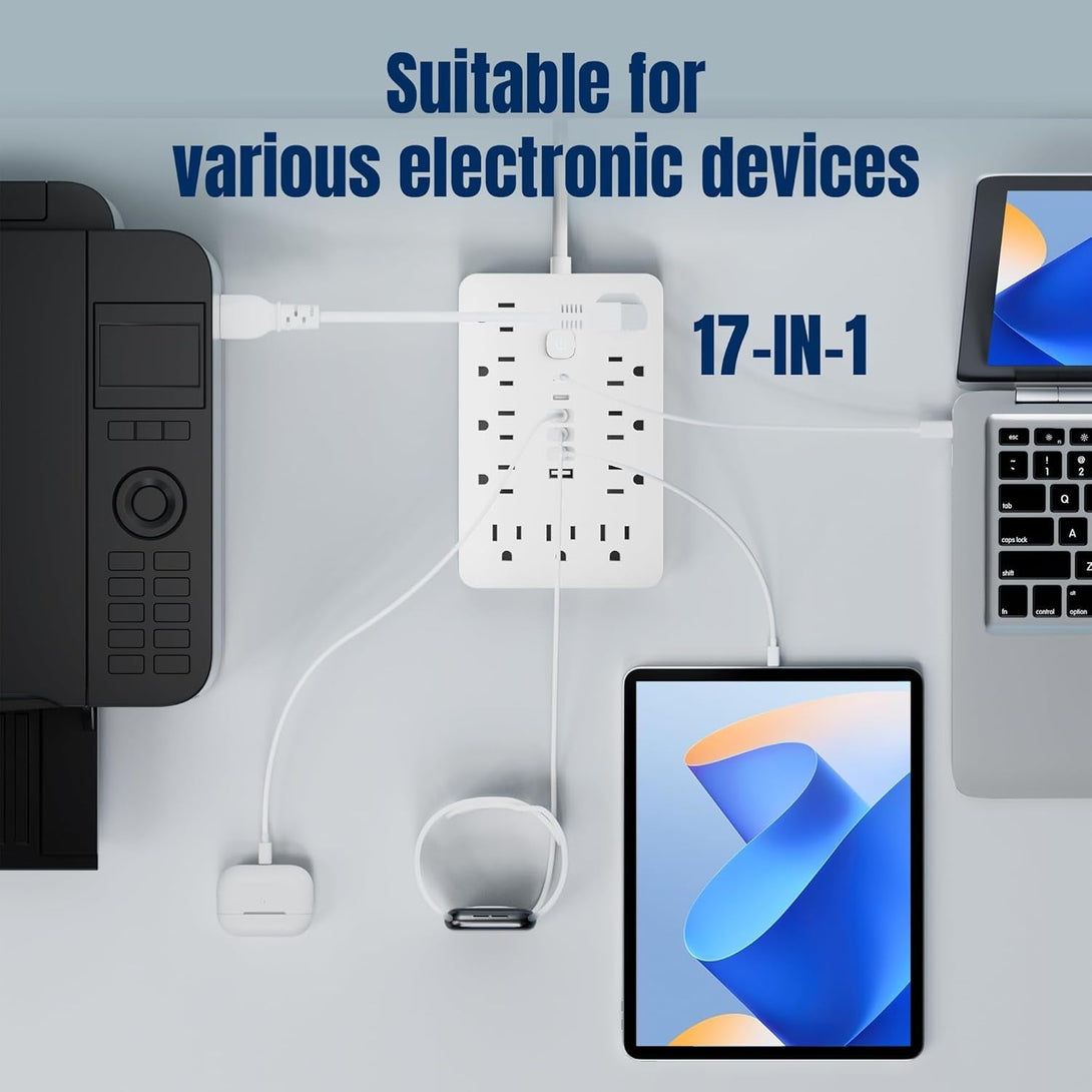 6 FT Flat Plug Surge Protector Power Strip,11 Multiple AC Outlets with 6 USB Ports (2 USB C), 6 Feet Extension Cord, 1250W/10A, One Touch Switch Button, 17 in 1 Compact Powerstrip-White