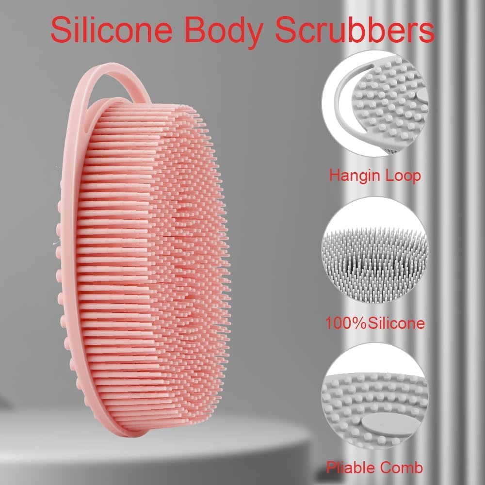 Silicone Body Scrubber, Exfoliating Silicone Loofah, Soft Silicone Body Shower, 2 in 1 Bath and Shampoo Brush, Body Scrubber Shower Cleaning for Sensitive Skin, Lather Well 2 PCS Grey and Pink