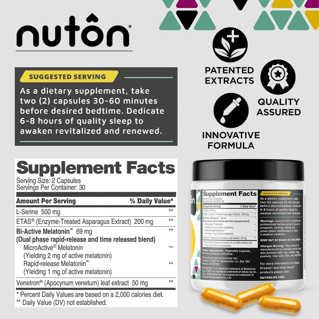 Nuton Happy Dreams Sleep Supplement - Natural Sleep Aids for Adults, Time Release Melatonin, ETAS Asparagus & Venetron Extract, Rest Support Supplement, Natural Aid for Adults, 60 Veggie Capsules