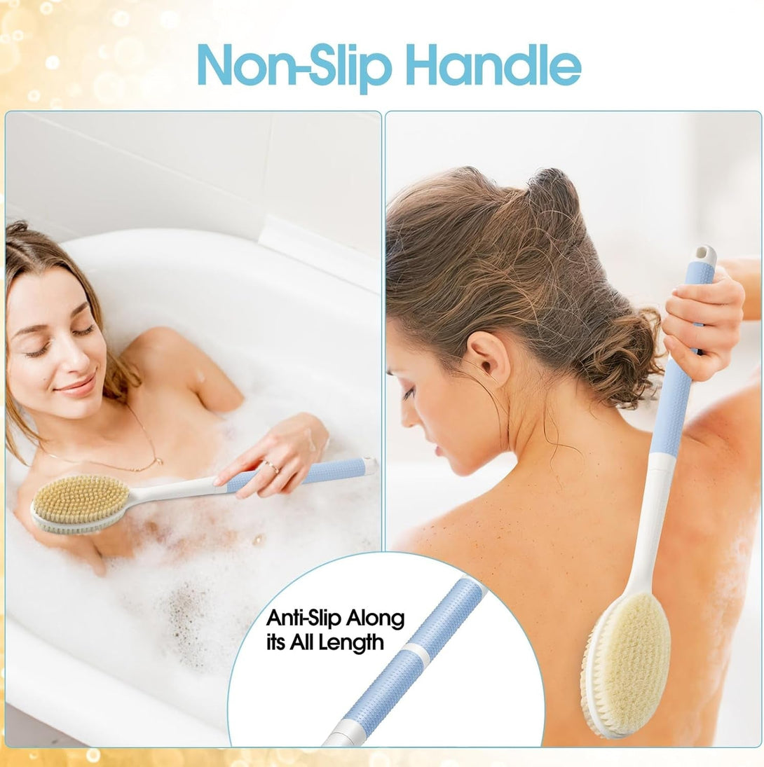 Back Scrubber anti Slip for Shower with Detachable Brush Head,19" Shower Brush with Soft and Stiff Bristles,Long Handle Exfoliating Body Scrubber for Bath or Dry Brush.