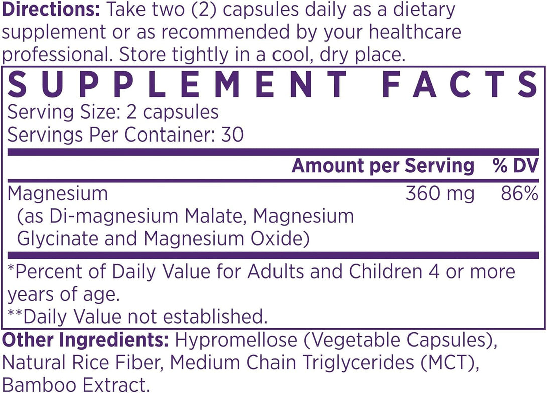 NAOMI Mighty Mg Magnesium Glycinate & Malate Complex 360Mg, High Absorption Formula, Elemental Magnesium Supports Heart Health, Strong Bones, Better Sleep, Gluten-Free, Non-Gmo, Vegan, 60 Veggie Caps