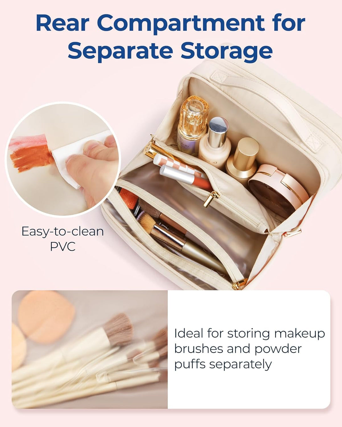 BAGSMART Travel Makeup Bag, Make up Bag with Multiple Compartments for Organizer, Durable & Compact Cosmetic Organizer for Women for Travel Accessories (Beige)