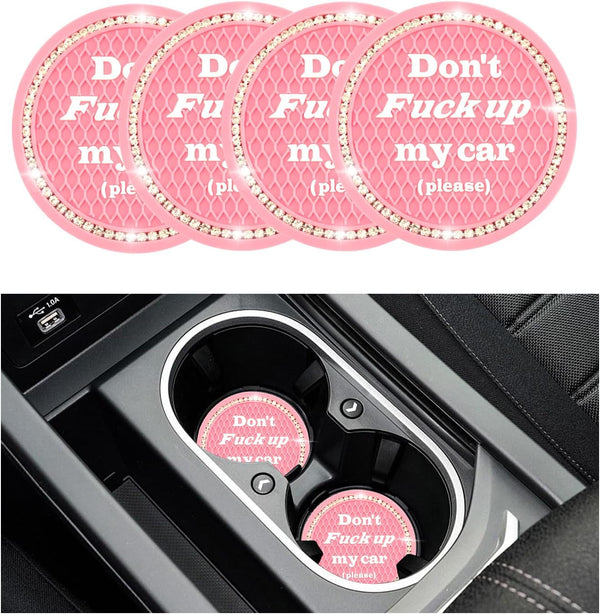 4 PCS Bling Car Cup Coaster, 2.75 Inch Anti-Slip Cup Holder Insert Coasters, Universal Crystal Rhinestone Auto Drink Car Cup Mat, Interior Car Accessories for Women Girls (Pink)