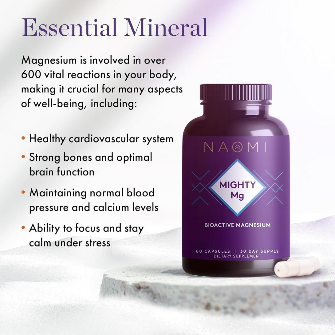NAOMI Mighty Mg Magnesium Glycinate & Malate Complex 360Mg, High Absorption Formula, Elemental Magnesium Supports Heart Health, Strong Bones, Better Sleep, Gluten-Free, Non-Gmo, Vegan, 60 Veggie Caps