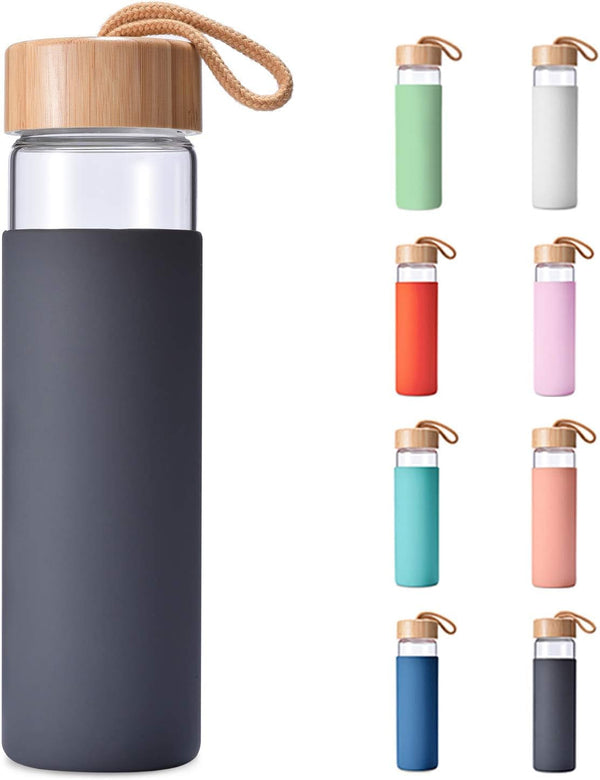 20 Oz Borosilicate Glass Water Bottle with Bamboo Lid and Silicone Sleeve – Reusable BPA Free Drinking Bottle with Lids - Cute Bottle for Women - Glass Shaker Bottle (Charcoal Grey)