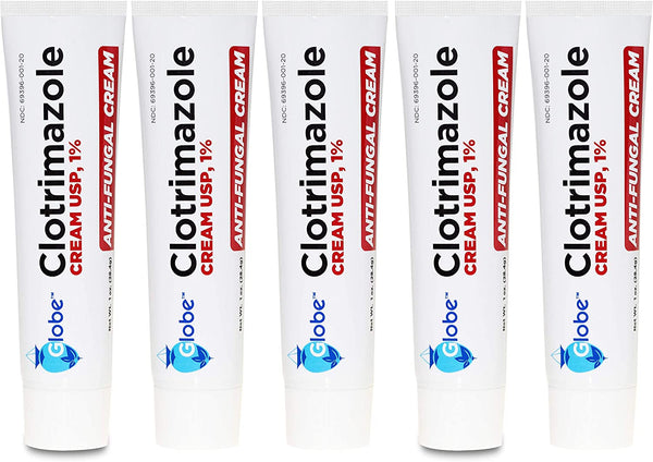 (5 Pack) Globe Clotrimazole Antifungal Cream 1% (1 Oz) Relieves the Itching, Burning, Cracking and Scaling Associated with Fungal Infections | Compare to the Name Brand Active Ingredient