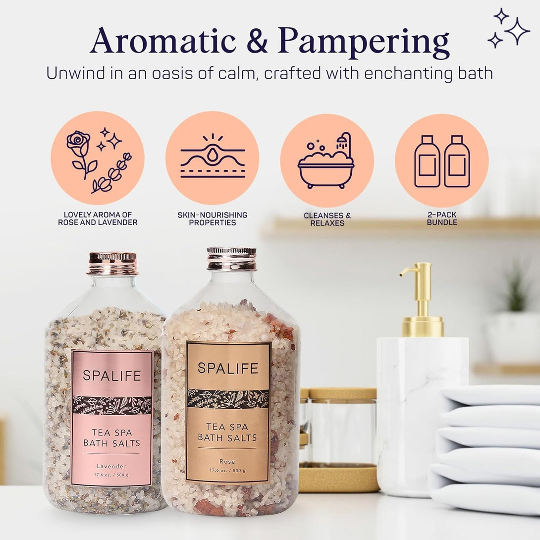 Spalife Tea Spa Petal-Infused Effervescent Mineral Bath Salts - Lavender & Rose, 2-Pack 17.6 Oz. Ea for Relaxing Aromatherapy and Soothing Soaks
