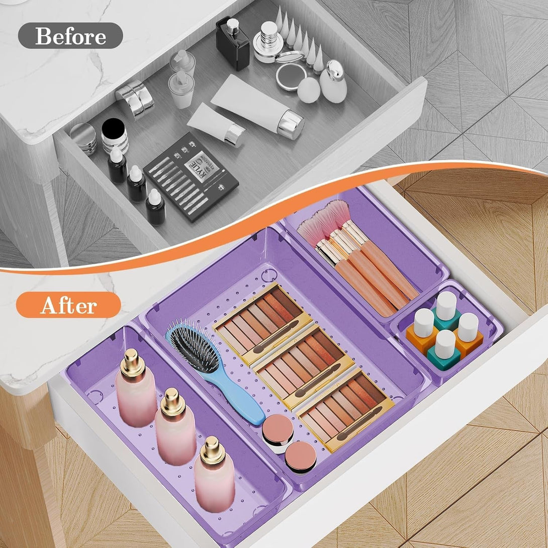 25 PCS Plastic Drawer Organizer Set, 4-Size Versatile Organizer Trays & Storage Bins for Makeup, Jewelry, and Gadgets in Bathroom, Bedroom and Office, Purple