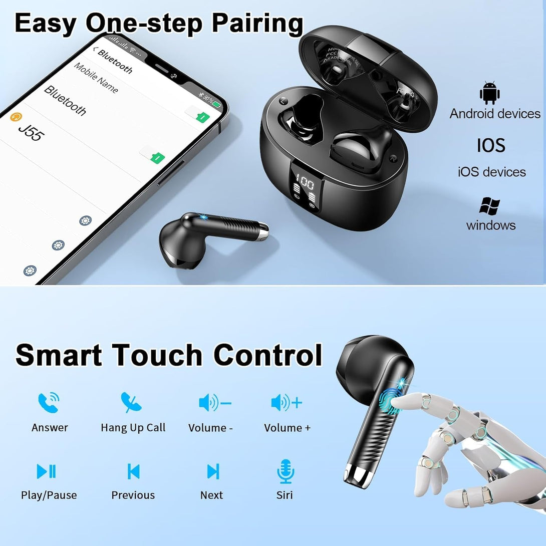 Wireless Earbuds, 2024 Bluetooth Headphones V5.3 Ear Buds Built-In ENC Noise Cancelling Mics, 40H Stereo Bass Bluetooth Earbuds with Dual LED Display, IP7 Waterproof Earphones for Android Ios, Black