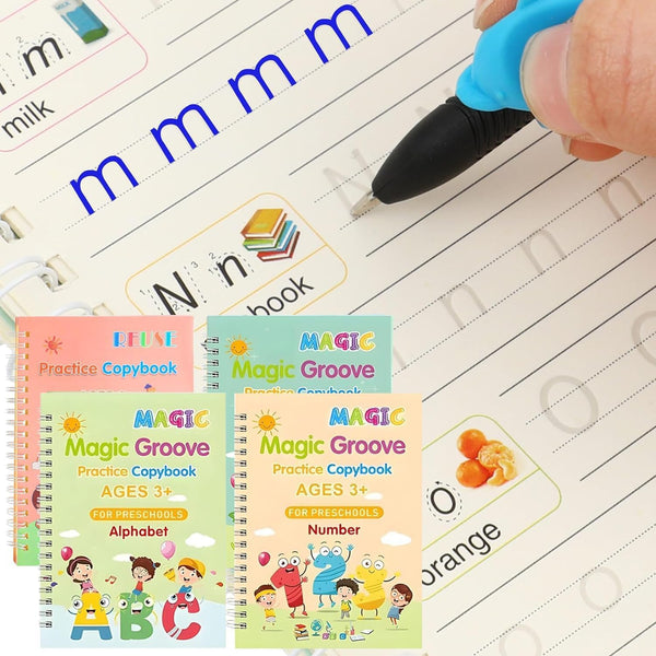 4 Pc Groove Writing Books for Kids,Magic Groove Practice Copybook,Reusable Grooved Handwriting Workbooks,Writing Books for Kids Age 3-5 Calligraphy
