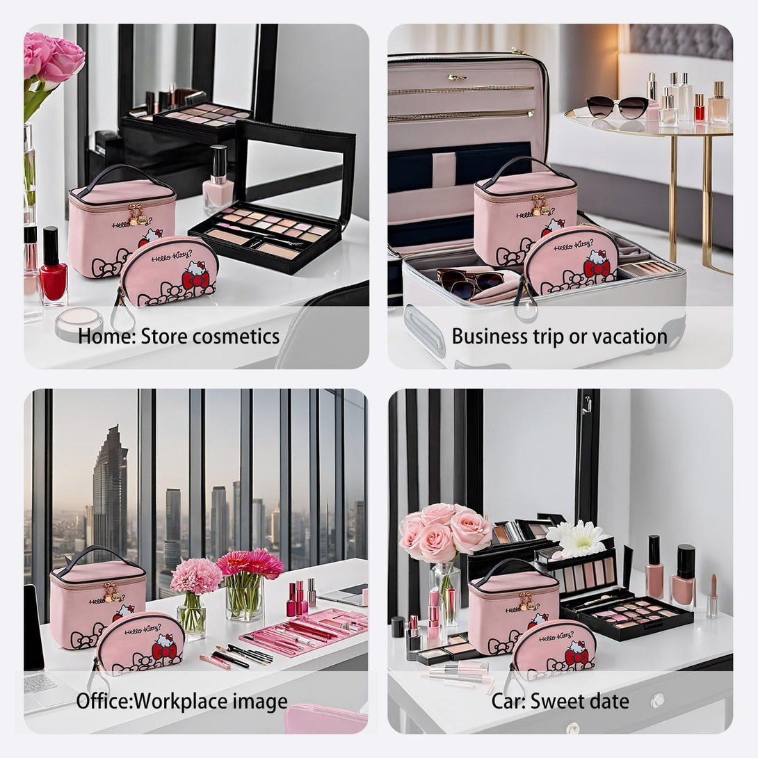 Ambealla Travel Makeup Bag Large Cosmetic Bags with Brush Holder, Pink Waterproof 2PCS Portable Cosmetic Case for Women, Toiletry Storage Bag for Skincare & Beauty Tools for Girls