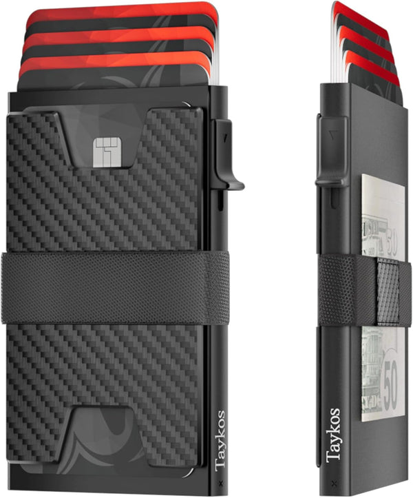 Mens Wallet Card Holder - Metal Pop up Card Case, Real Carbon Fiber, Smart, Minimalist, RFID Blocking, Slim, Thin, Front Pocket - Holds up to 12 Cards and 10 Bills