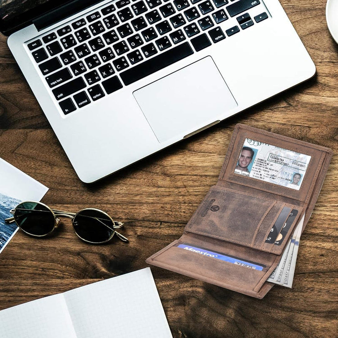 RFID Leather Trifold Wallet with 9 Card Slots,2 Note Pocket Coin Pocket & ID Window