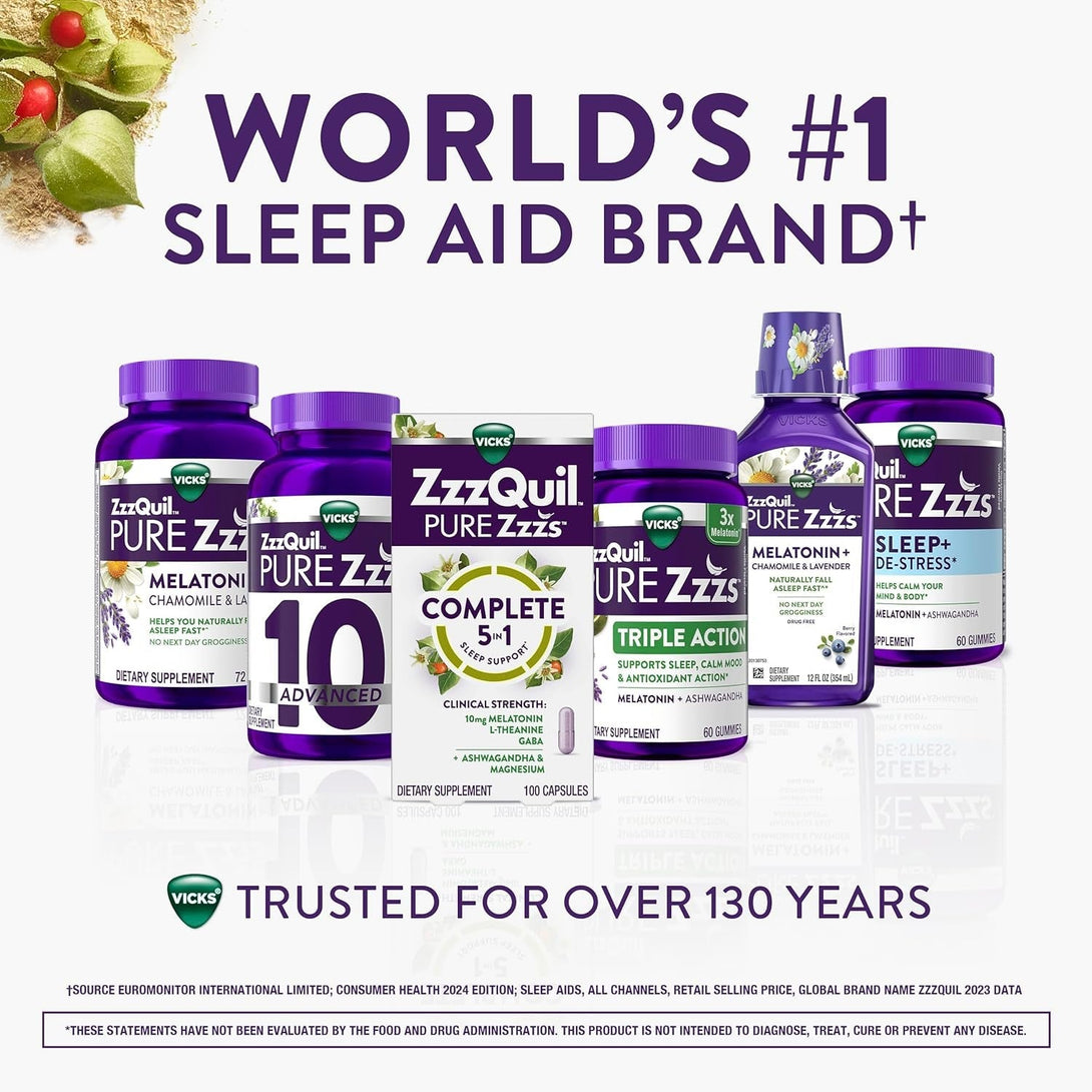 Zzzquil Pure Zzzs Complete Sleep, Melatonin 10Mg, L-Theanine, GABA, with Ashwagandha, and Magnesium, Melatonin Sleep Aid, 100 Count