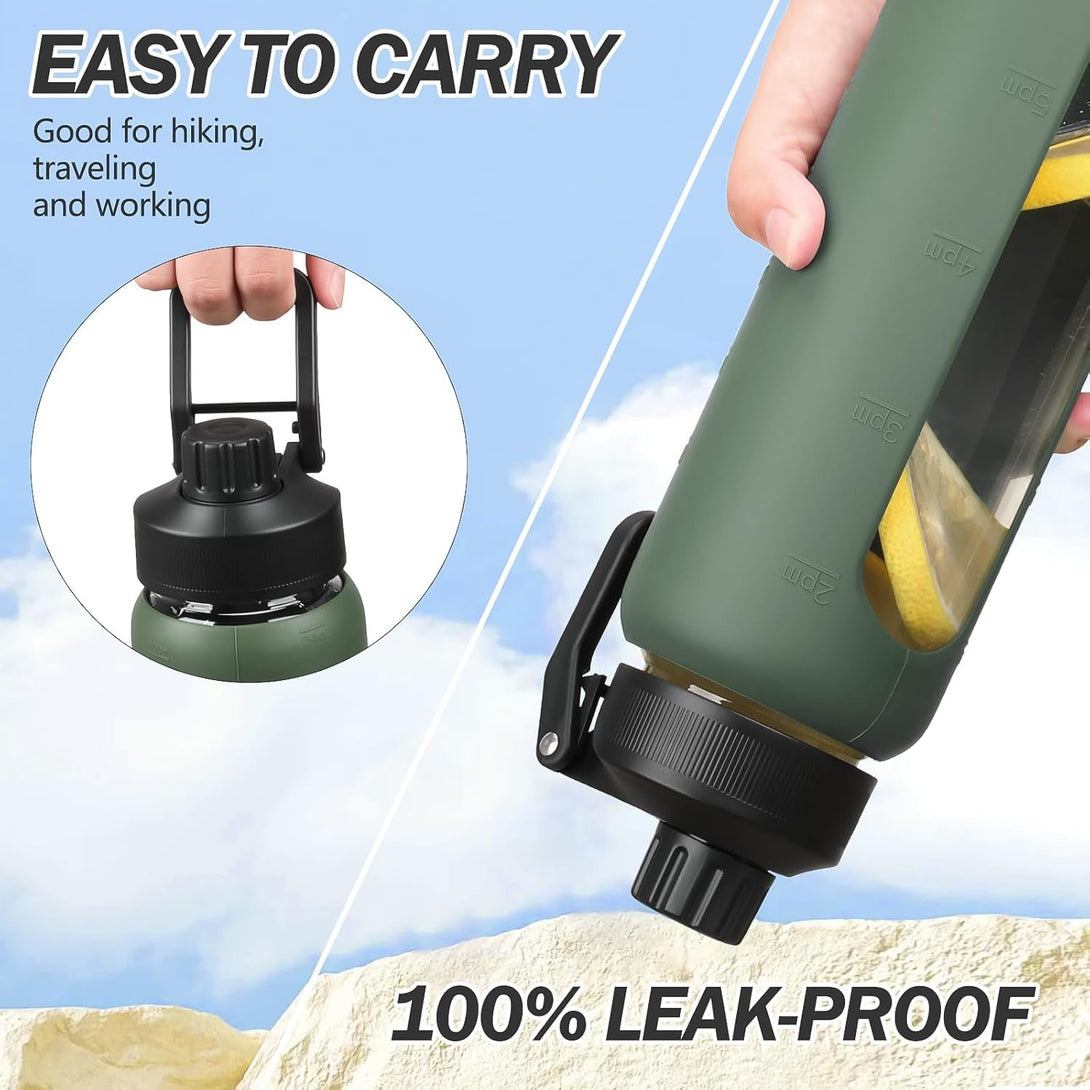 32Oz Glass Water Bottle with Straw and 2 Lids- Bamboo and Handle Spout Lid, Glass Drinking Bottles with Silicone Sleeve Motivational Time Marker for Gym, Sports,Cup Holder Friendly, Olive