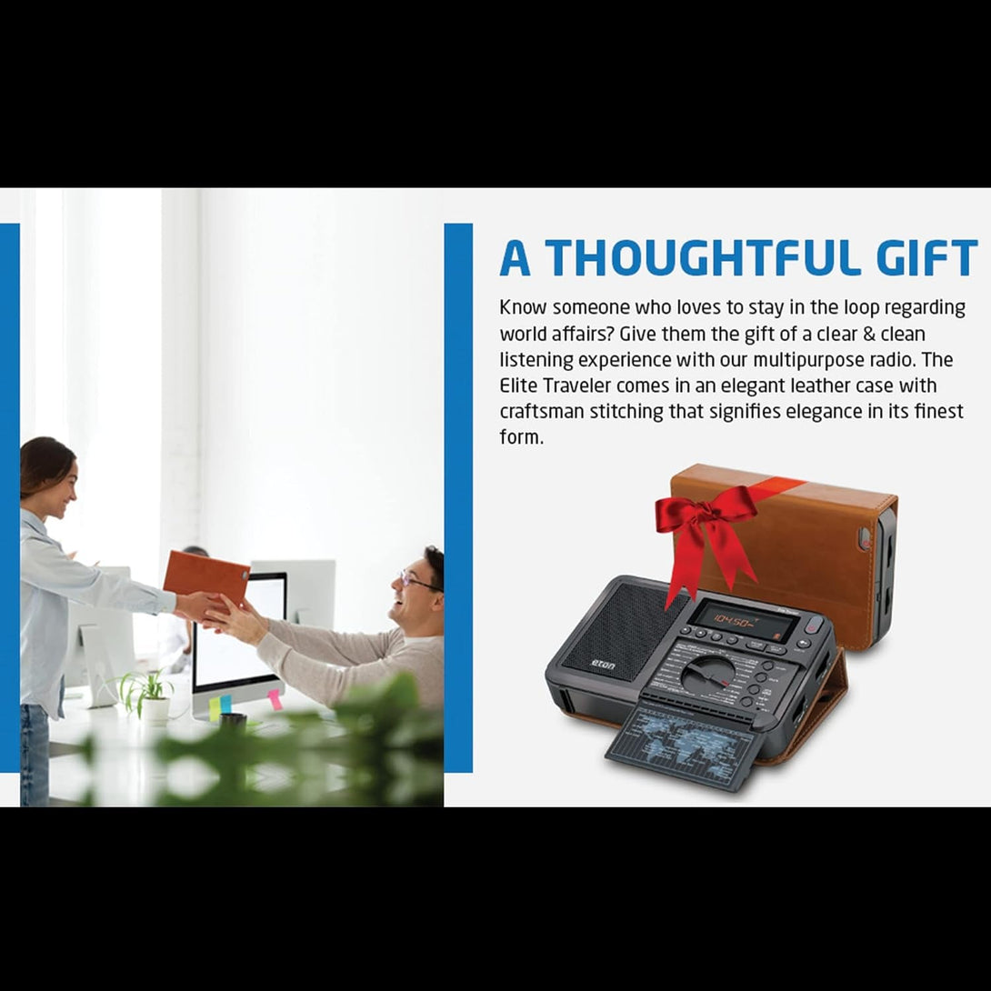 Eton Elite Traveler AM/FM, Longwave, Shortwave Radio with RDS, World Clock, 500 Stations, Dial Tuning, Alarm, Sleep Timer, Leather Case, Portable International Radio with High-Contrast LCD