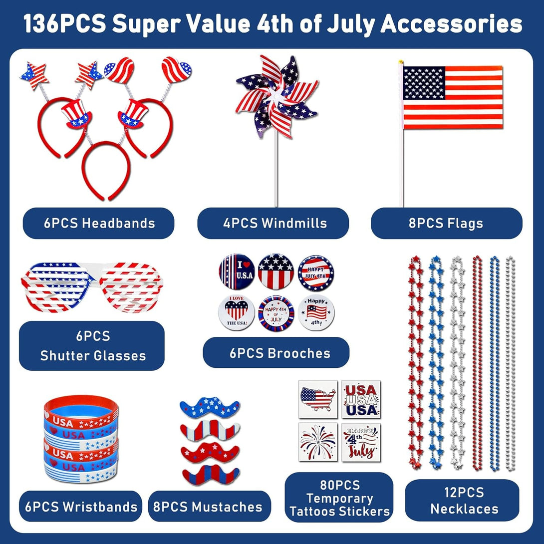 136PCS 4Th of July Accessories - Patriotic Party Favors Fourth of July Decoration Supplies Headband Shutter Glasses Tattoo Sticker Necklace Flag American Memorial Independence Day USA Themed
