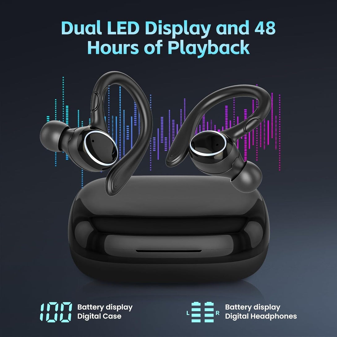 Wireless Earbuds Bluetooth 5.3 Headphones Stereo Ear Buds, ENC Noise Cancelling Mic,Ipx7 Waterproof Earphones with Hook for Android Ios Smart Phone Laptop Computer Sports - Black