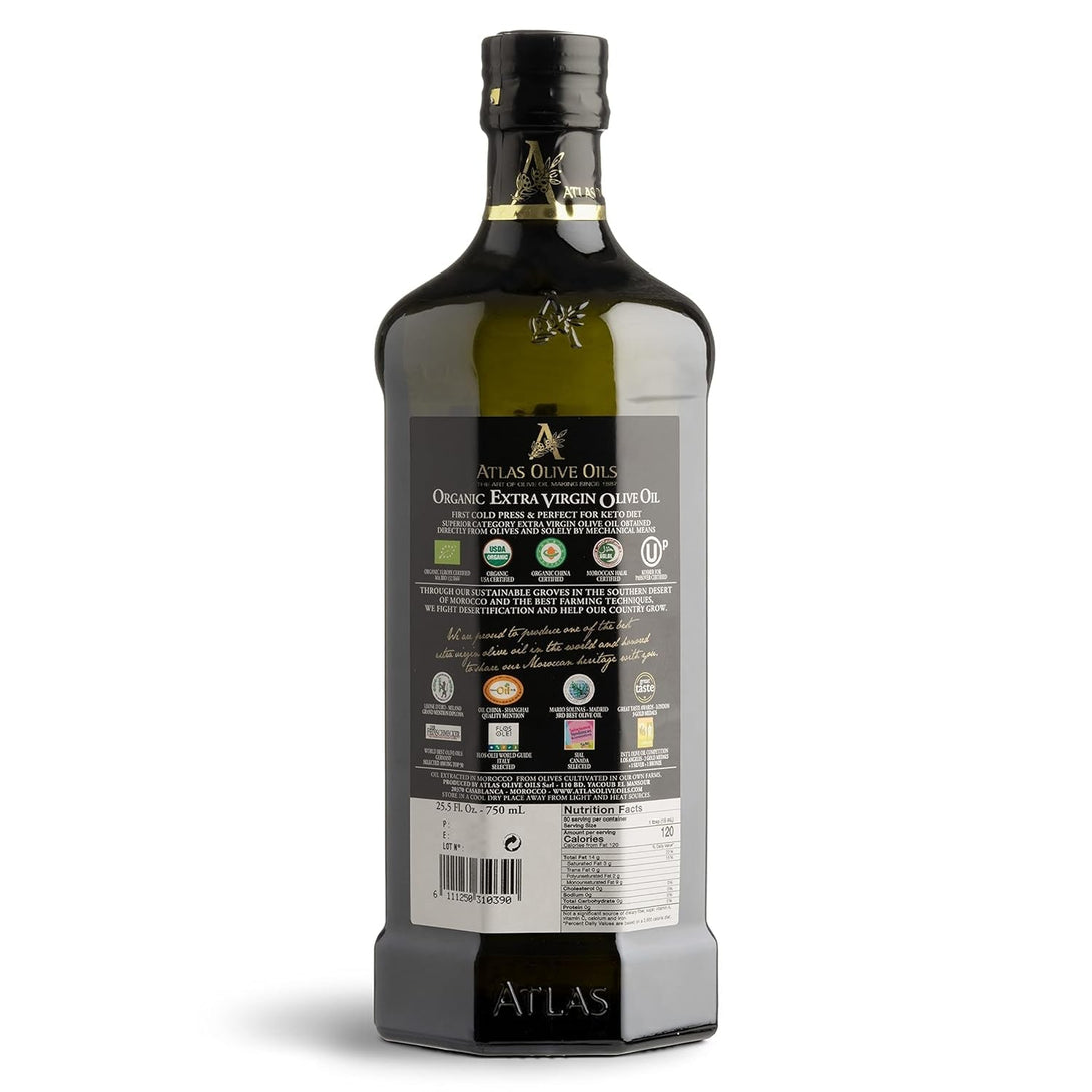Atlas 750 Ml Organic Cold Press Extra Virgin Olive Oil with Polyphenol Rich from Morocco | Newly Harvested Unprocessed from One Single Family Farm | Moroccan EVOO Trusted by Michelin Star Chefs