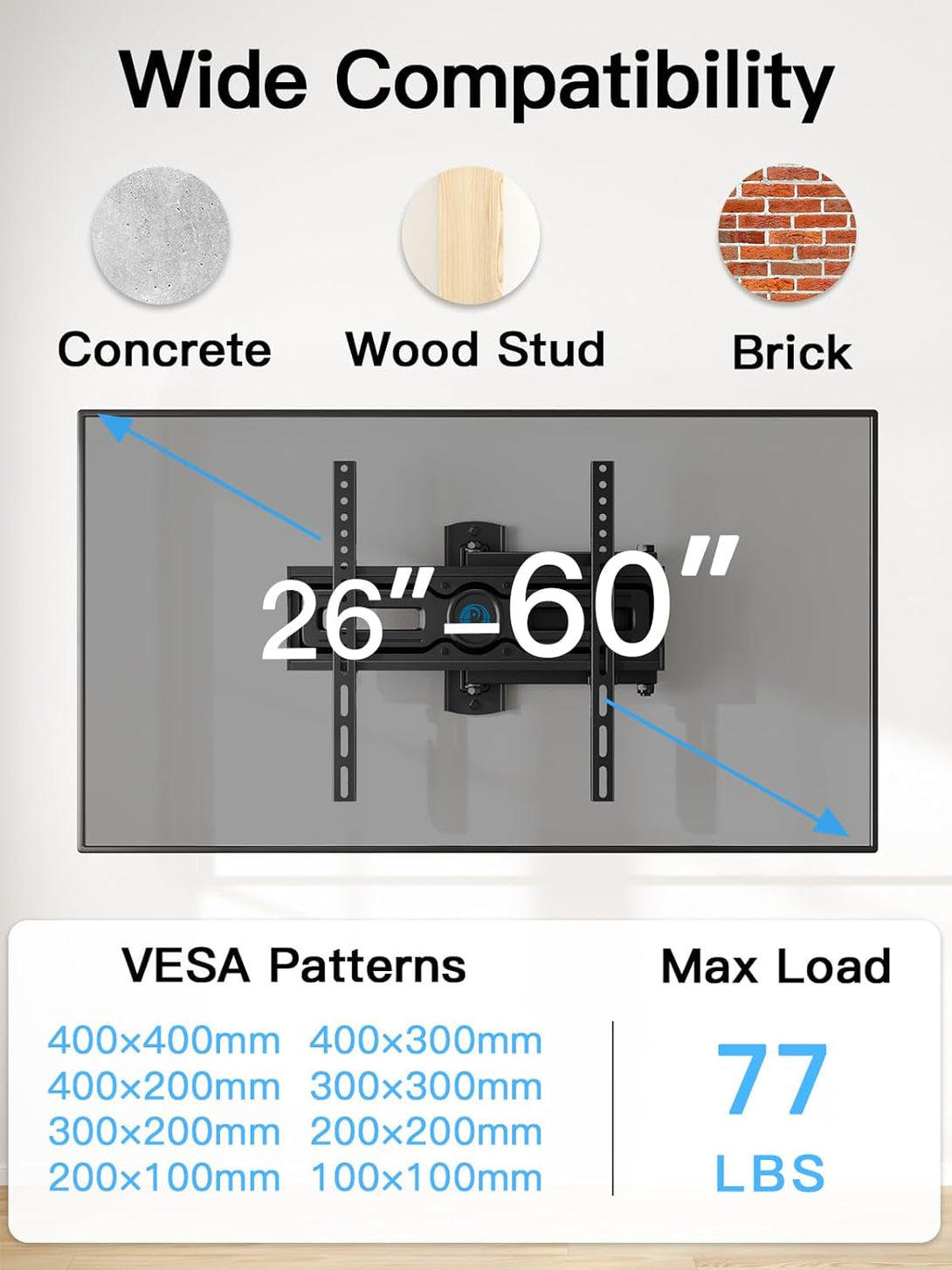 Pipishell Full Motion TV Wall Mount for Most 26-60 Inch Flat & Curved Tvs up to 77 Lbs, Adjustable Bracket Height, Single Articulating Arm, Extension, Max VESA 400X400Mm, PIMF9