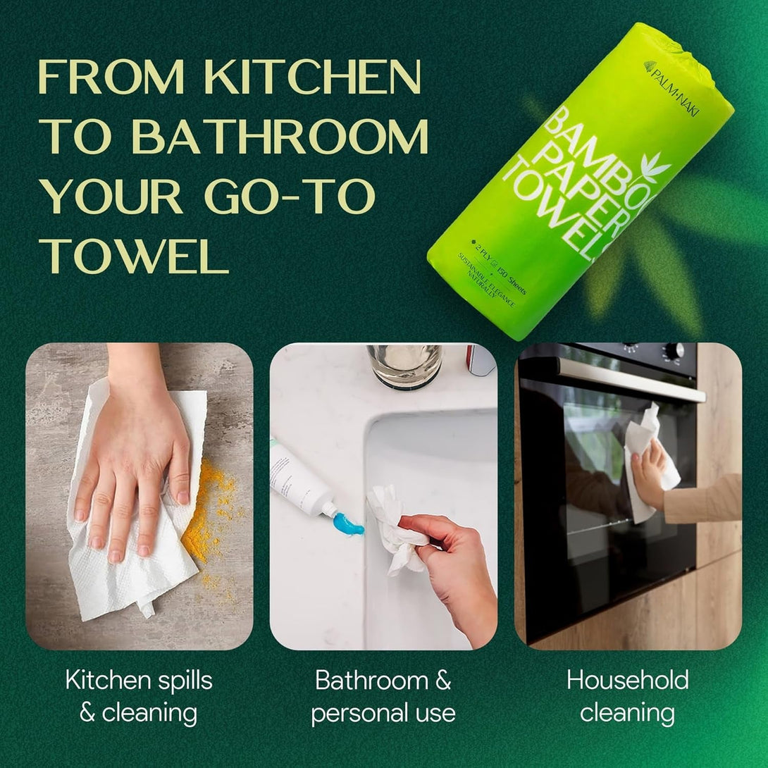 100% Bamboo Paper Towels | Lint-Free Polishing & Cleaning | 2-Ply, 150 Sheets/Roll – 12 Rolls | Tree-Free, Bpa/Pfas-Free, FSC Certified, Compostable | PALM NAKI