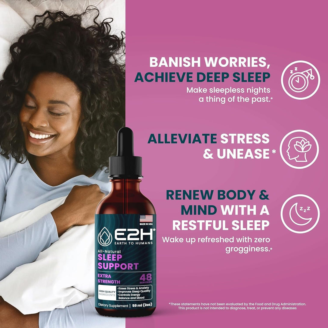 E2H Natural Sleep Support - Liquid Melatonin with Chamomile, Theanine - Sleep Better, Deeper, Longer - Vegan, Gmo-Free - Provides Stress Relief - 2 Fl Oz