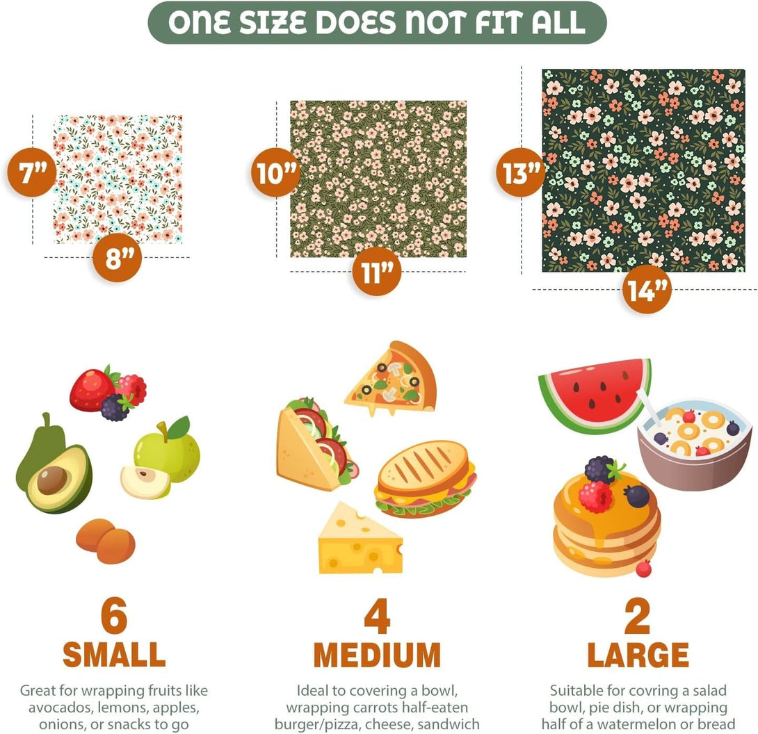 Akeeko Reusable Beeswax Food Wraps - Assorted 12 Pack, Reusable, Plastic-Free Food Storage, Sustainable Gifts, 3 Sizes (6S,4M,2L)