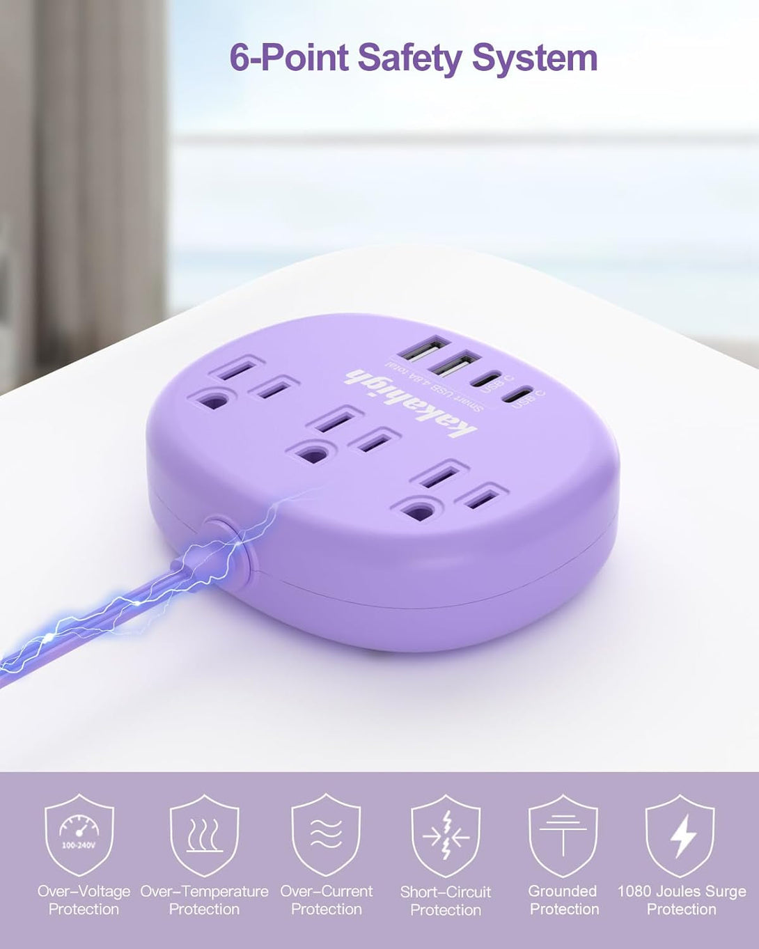 Purple Extension Cord with Surge Protected 1080J - 5 FT Flat Extension Cord, 1625W Cute Extension Cord with 3 AC Outlet 4 USB (24W/4.8A), Compact for Cute Purple Kawaii Lavender Accessories