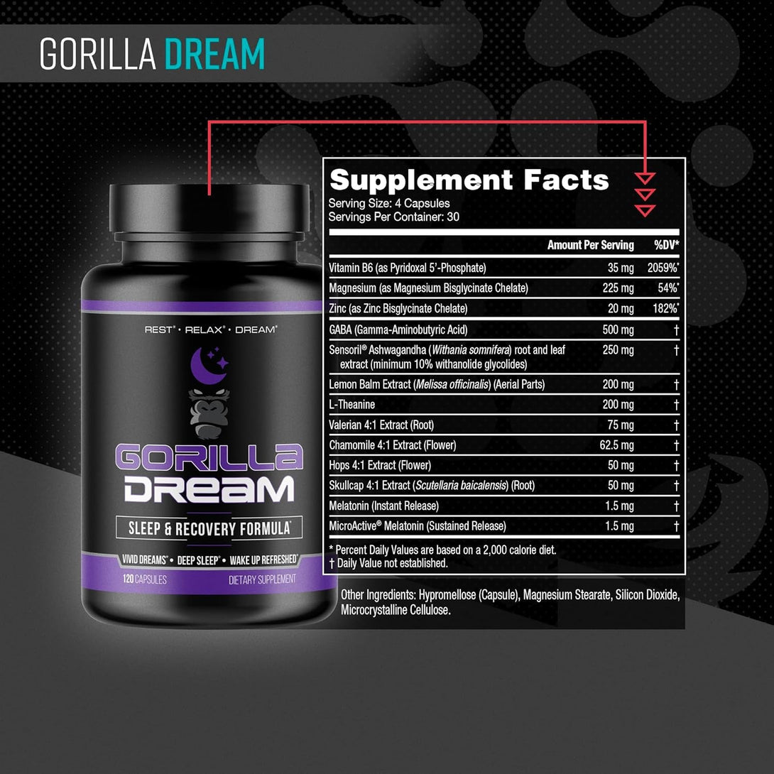 Gorilla Mind Dream Sleep Supplement (120 Capsules) - Nootropic Infused Comprehensive Sleep & Recovery Supplement - GABA, Melatonin, Valerian Root, Magnesium, L-Theanine, Sensoril, Ashwagandha & More